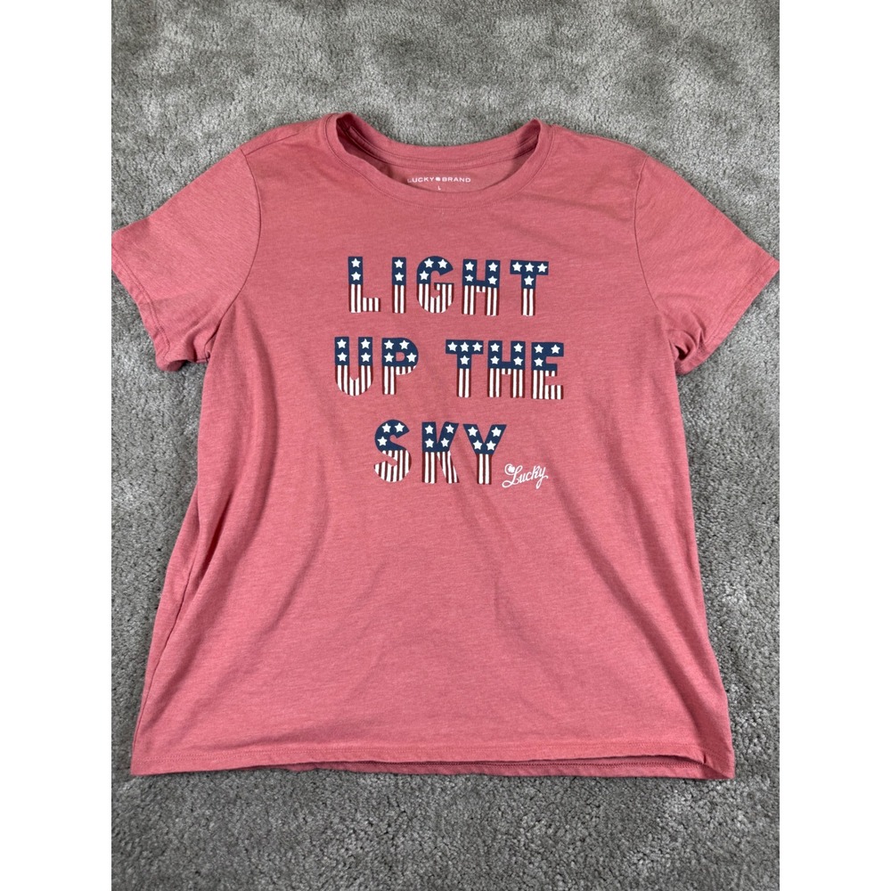 Lucky Brand Womens Light Up The Sky Graphic Tee Pink Patriotic Stars Stripes L